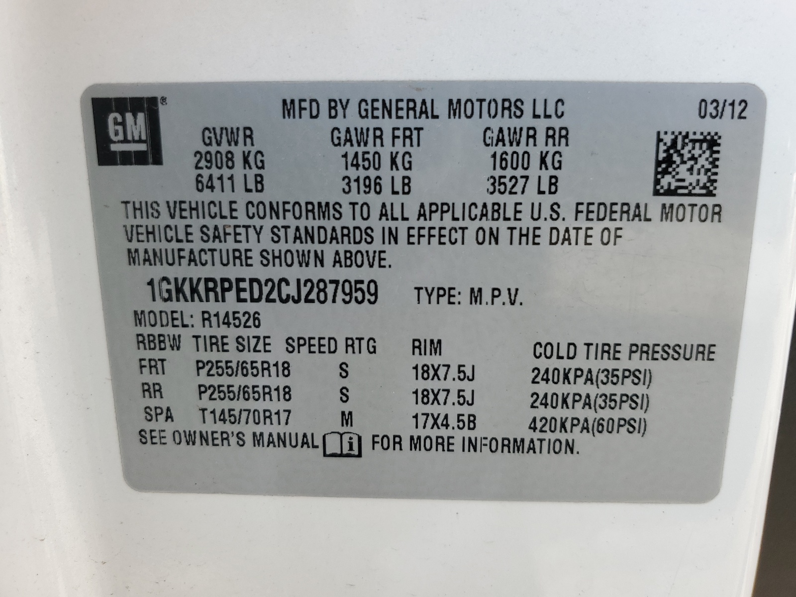 1GKKRPED2CJ287959 2012 GMC Acadia Sle