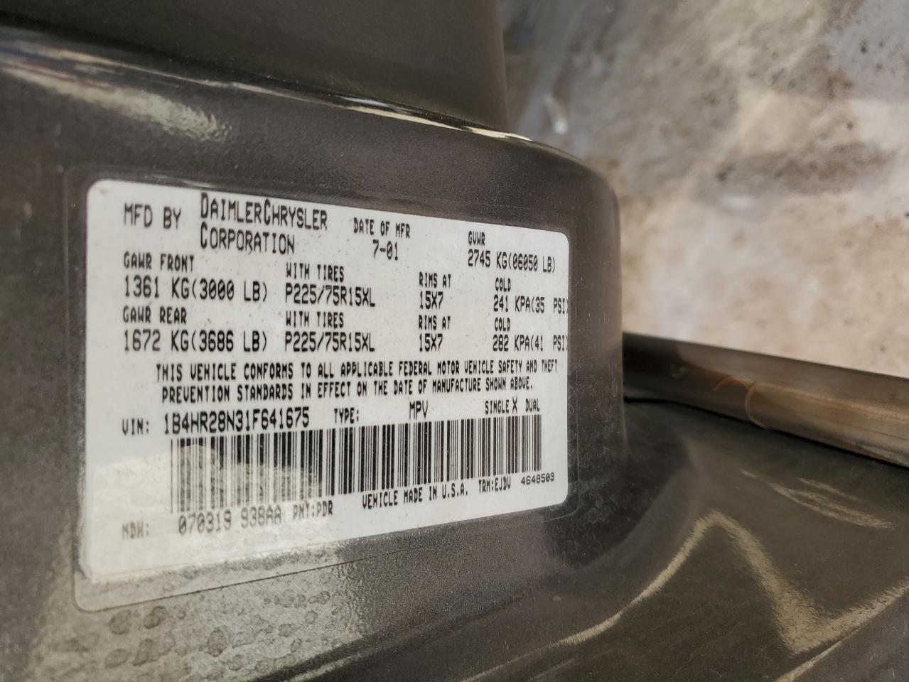 2001 Dodge Durango VIN: 1B4HR28N31F641675 Lot: 64207194