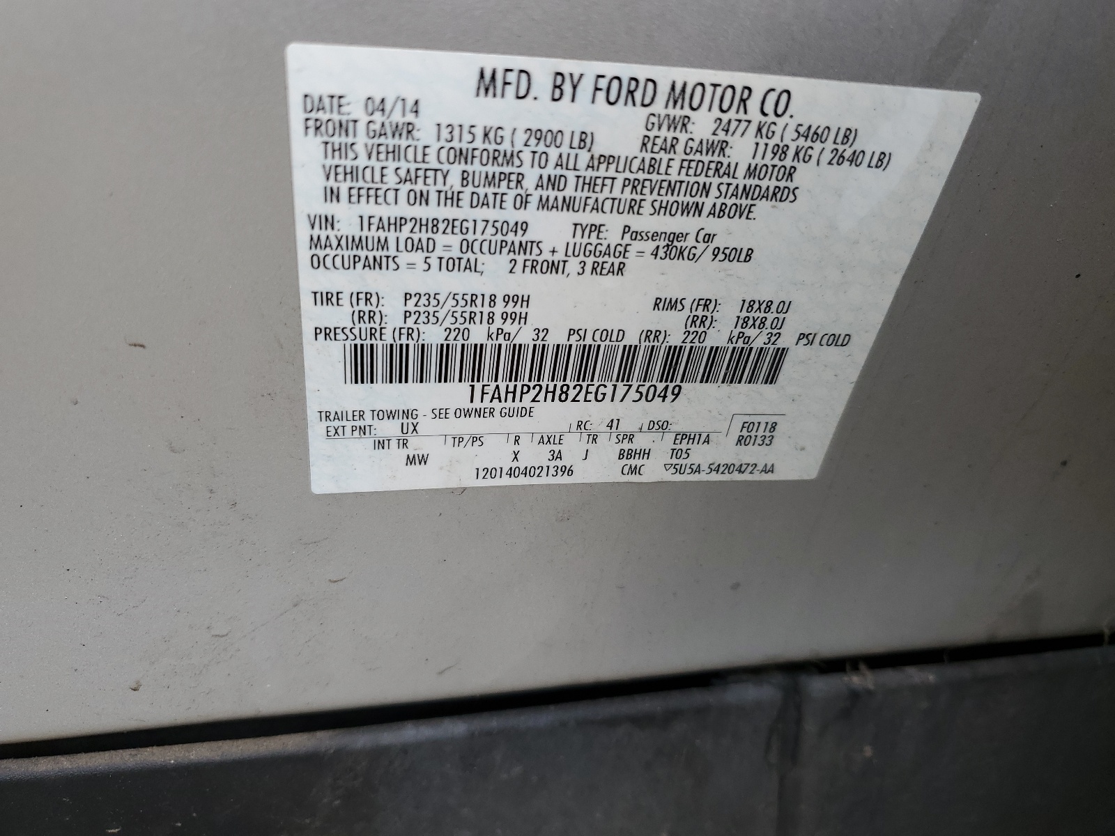 1FAHP2H82EG175049 2014 Ford Taurus Sel