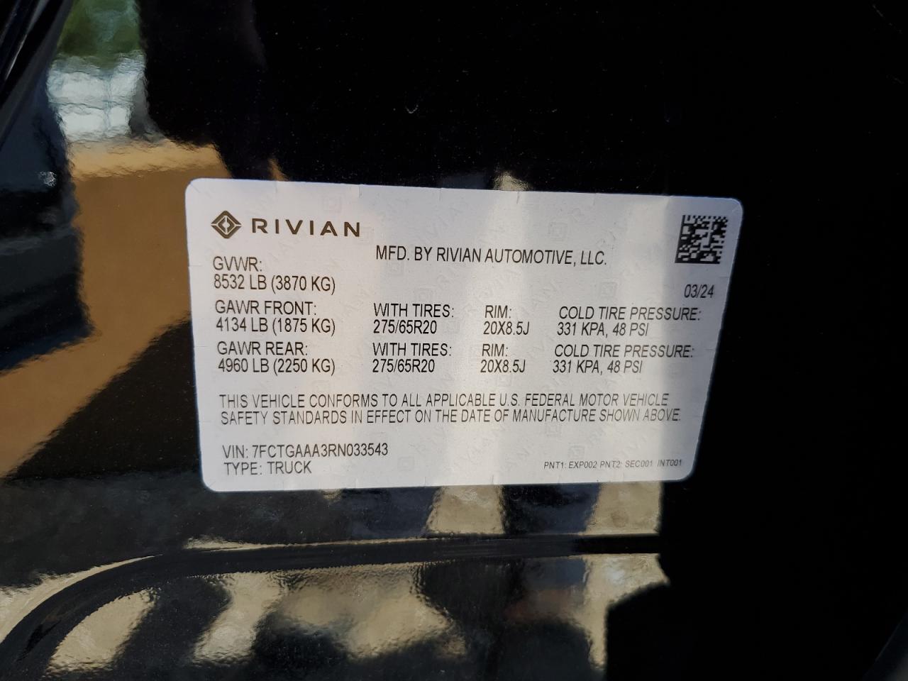 2024 Rivian R1T Adventure VIN: 7FCTGAAA3RN033543 Lot: 65133364