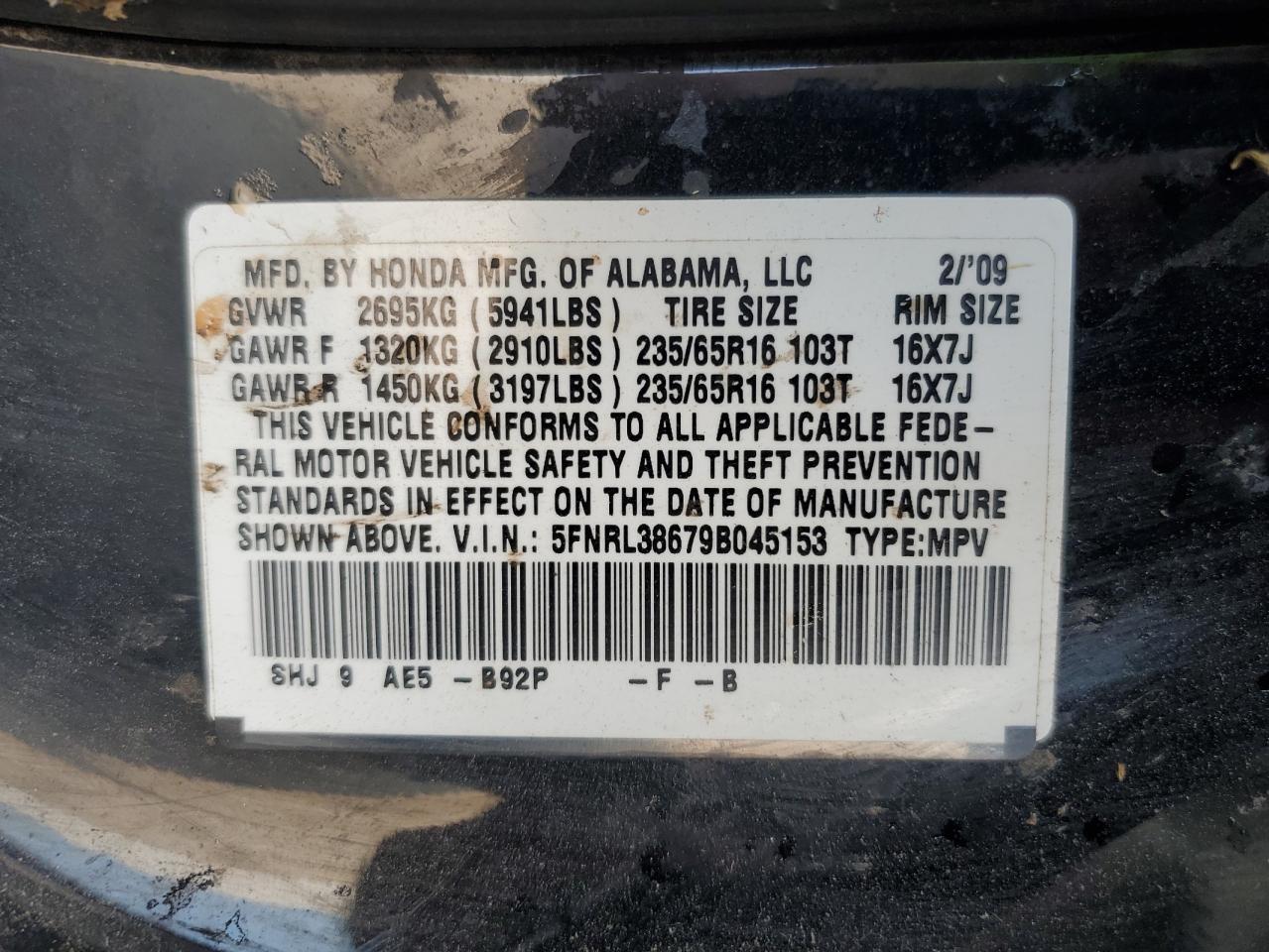 2009 Honda Odyssey Exl VIN: 5FNRL38679B045153 Lot: 63804644