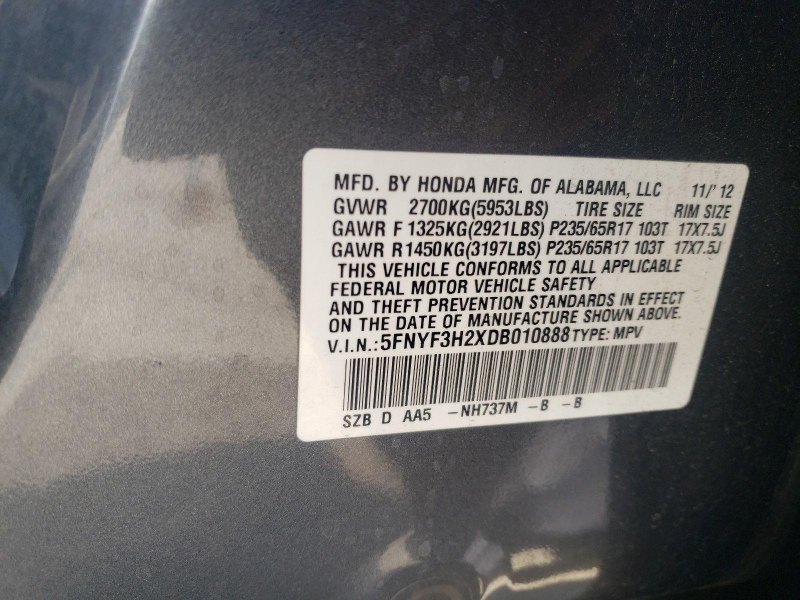 5FNYF3H2XDB010888 2013 Honda Pilot Lx