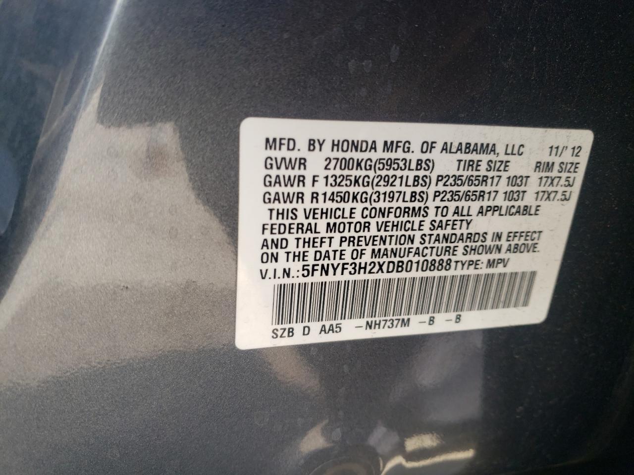 2013 Honda Pilot Lx VIN: 5FNYF3H2XDB010888 Lot: 63332454