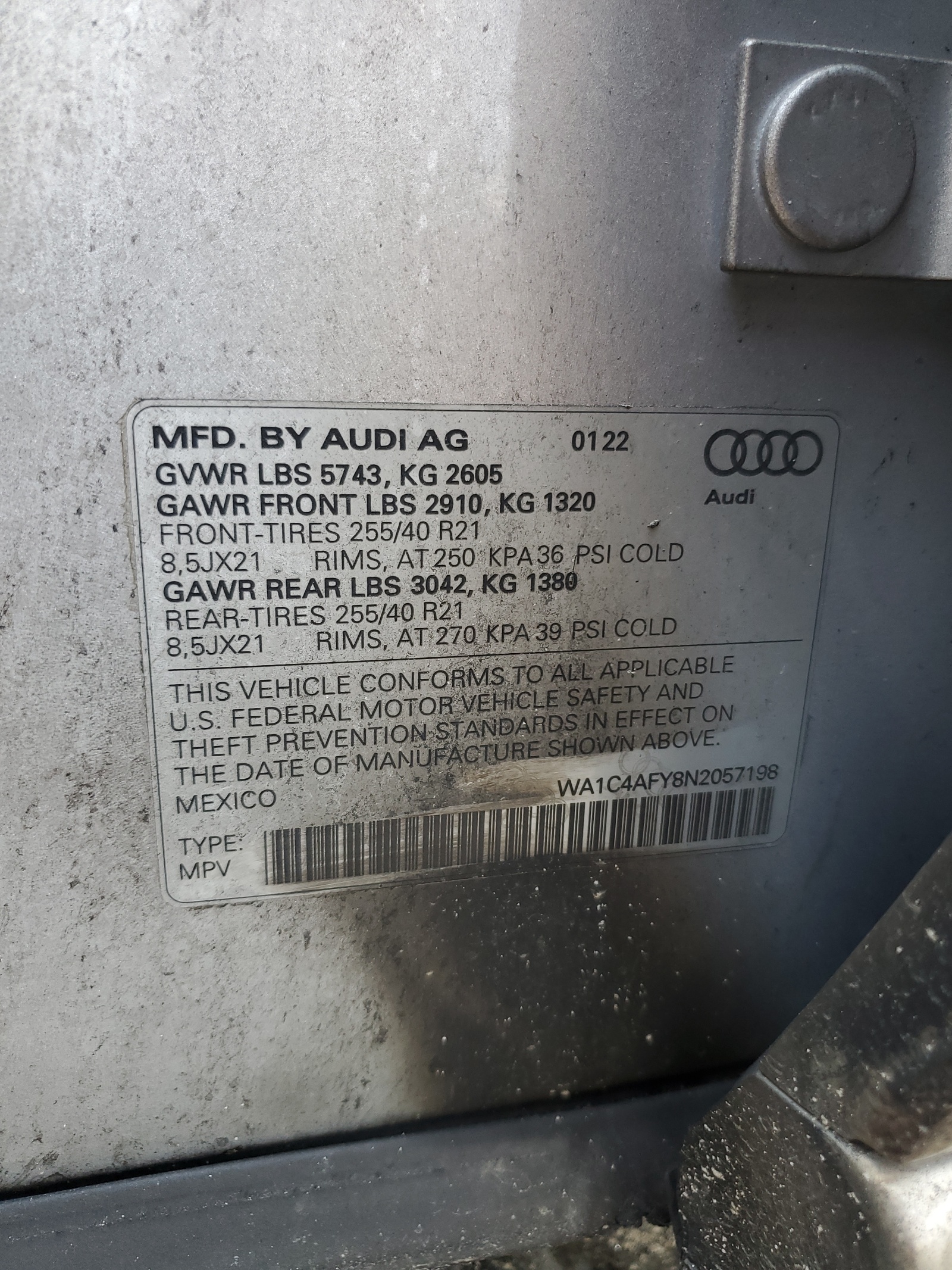 WA1C4AFY8N2057198 2022 Audi Sq5 Prestige