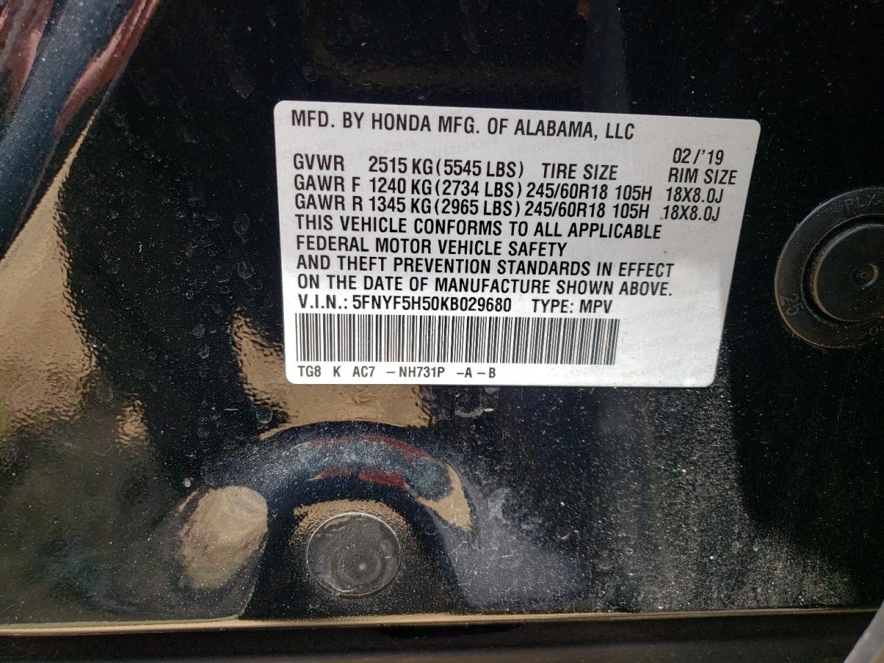 2019 Honda Pilot Exl VIN: 5FNYF5H50KB029680 Lot: 62709944