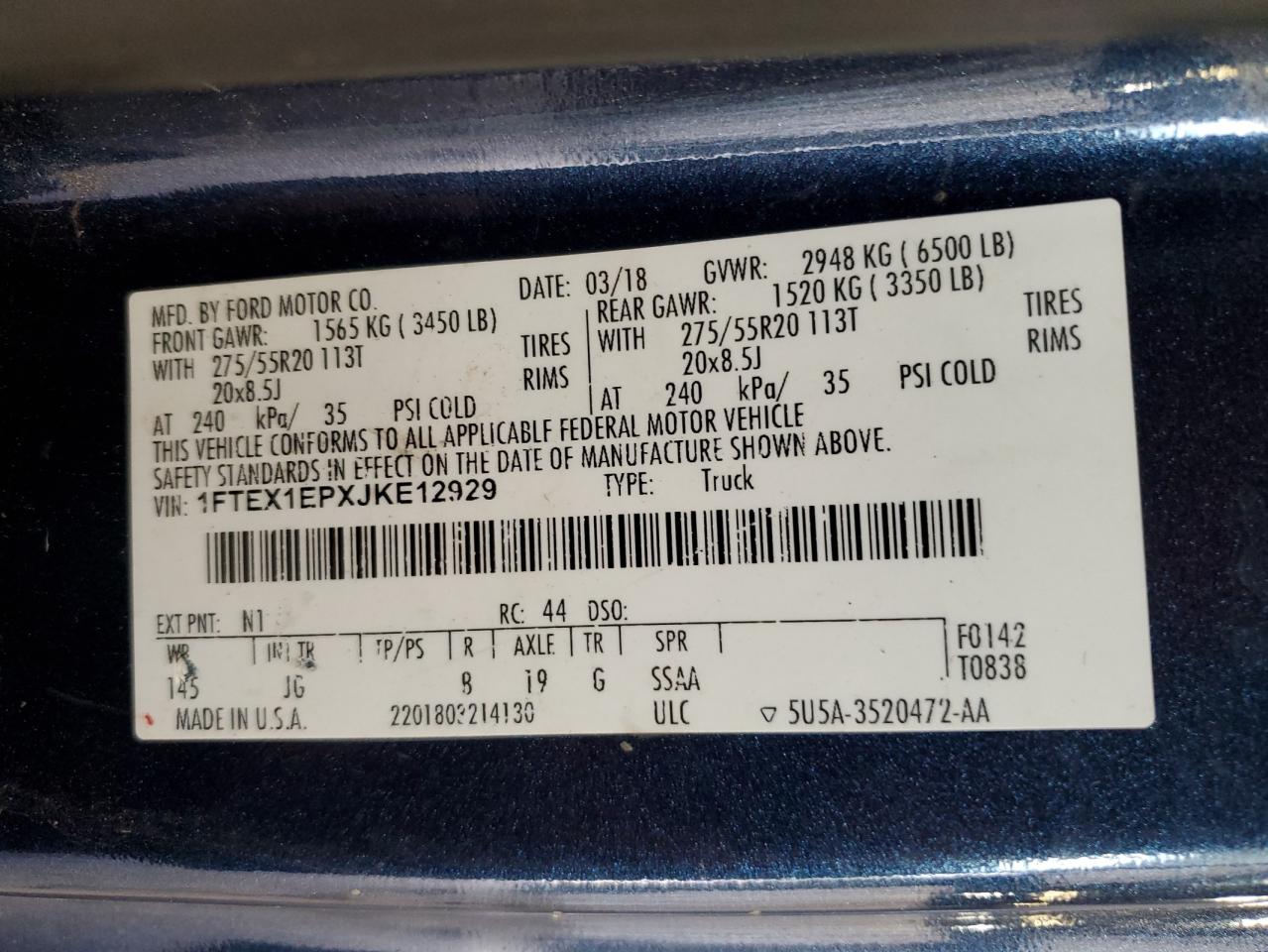 2018 Ford F150 Super Cab VIN: 1FTEX1EPXJKE12929 Lot: 63888304