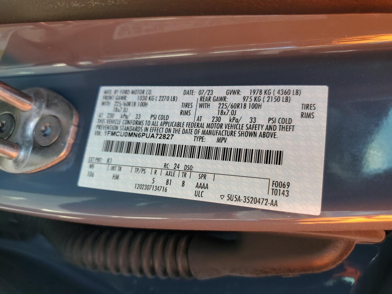 2023 Ford Escape St Line VIN: 1FMCU0MN6PUA72827 Lot: 64228204