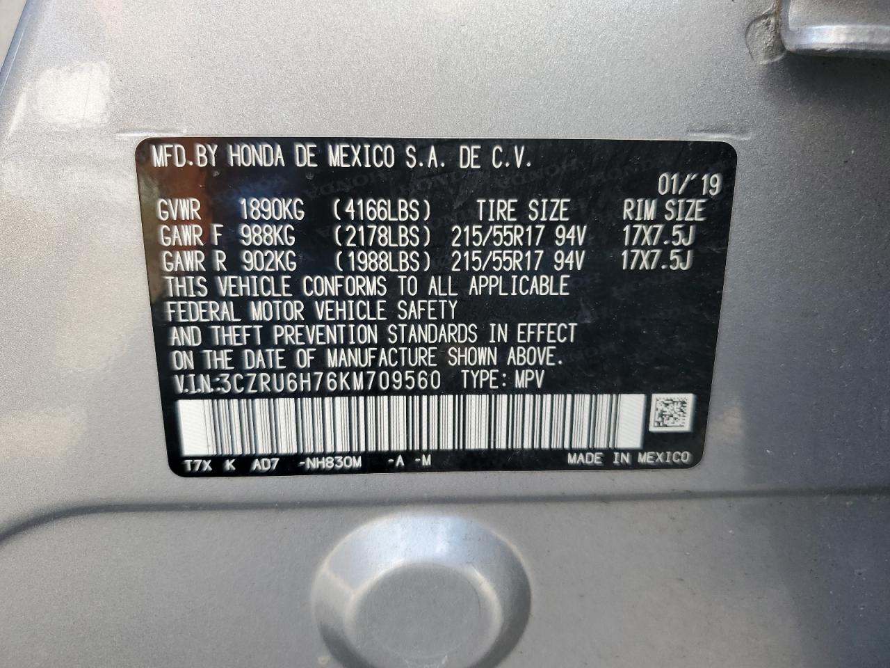 3CZRU6H76KM709560 2019 Honda Hr-V Exl