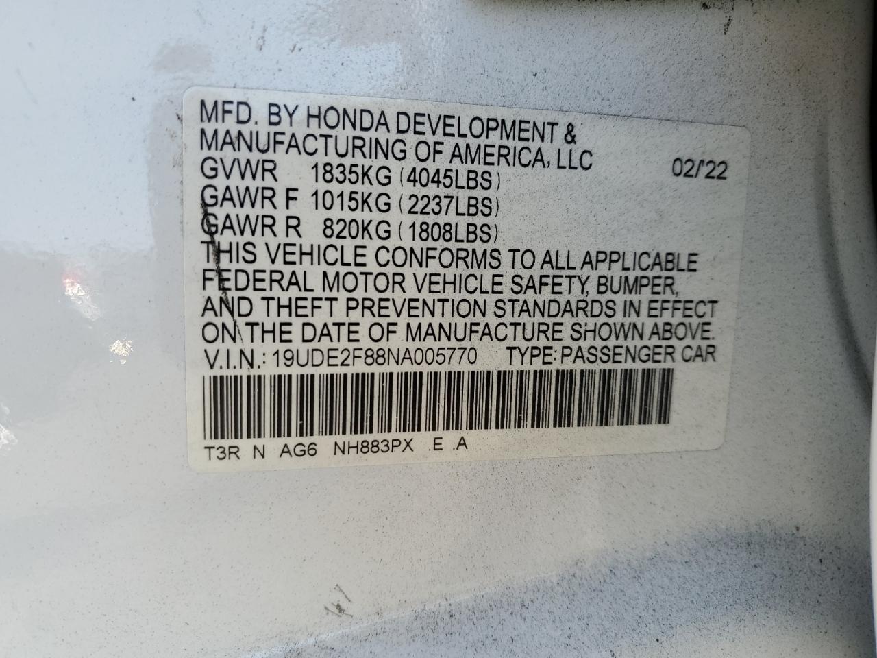 19UDE2F88NA005770 2022 Acura Ilx Premium A-Spec