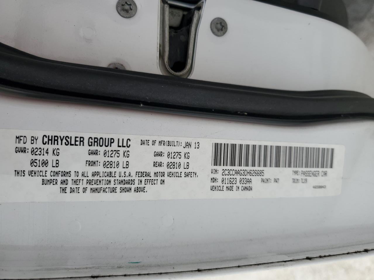 2013 Chrysler 300 VIN: 2C3CCAAG3DH626685 Lot: 62084374