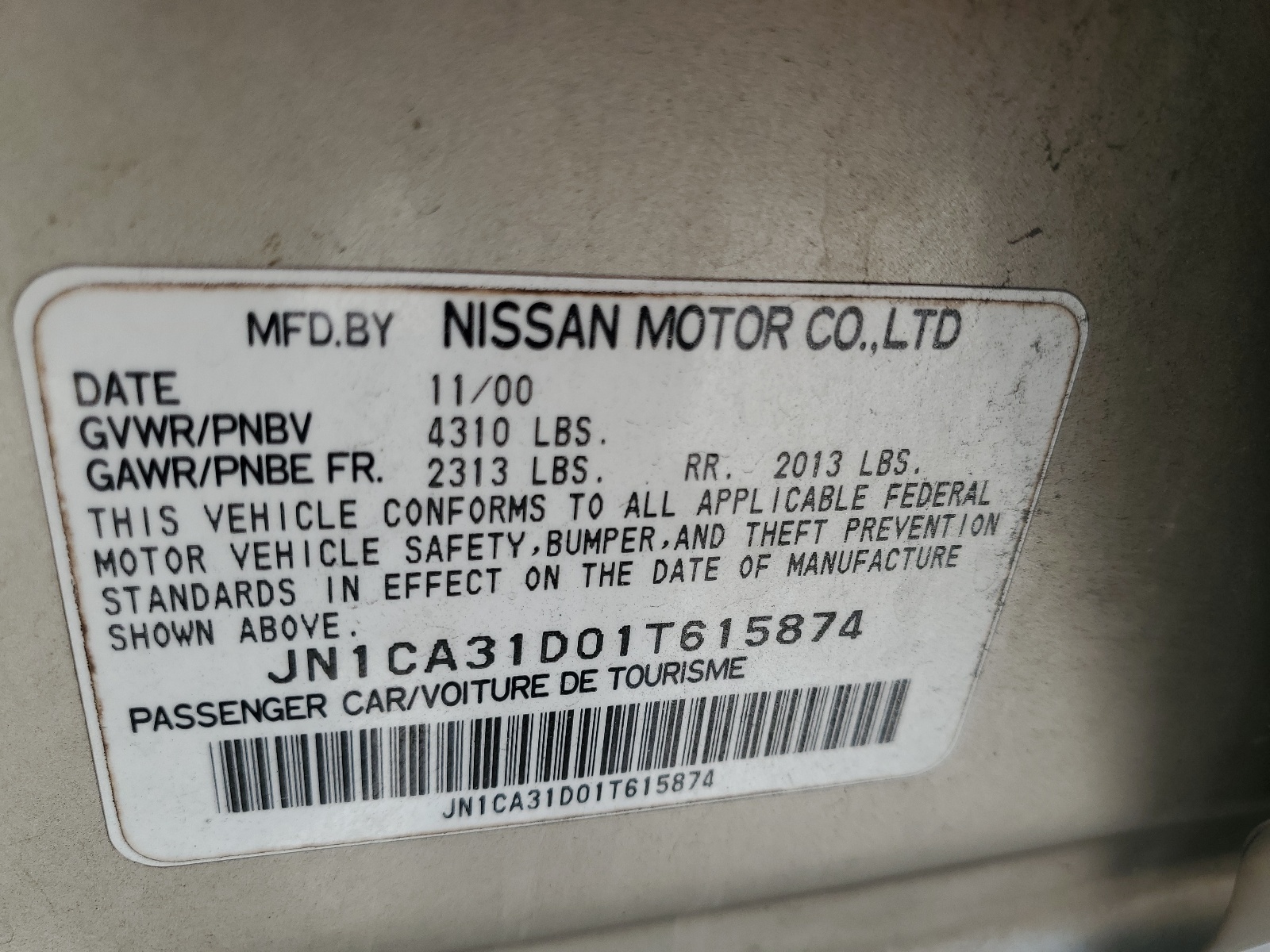 JN1CA31D01T615874 2001 Nissan Maxima Gxe