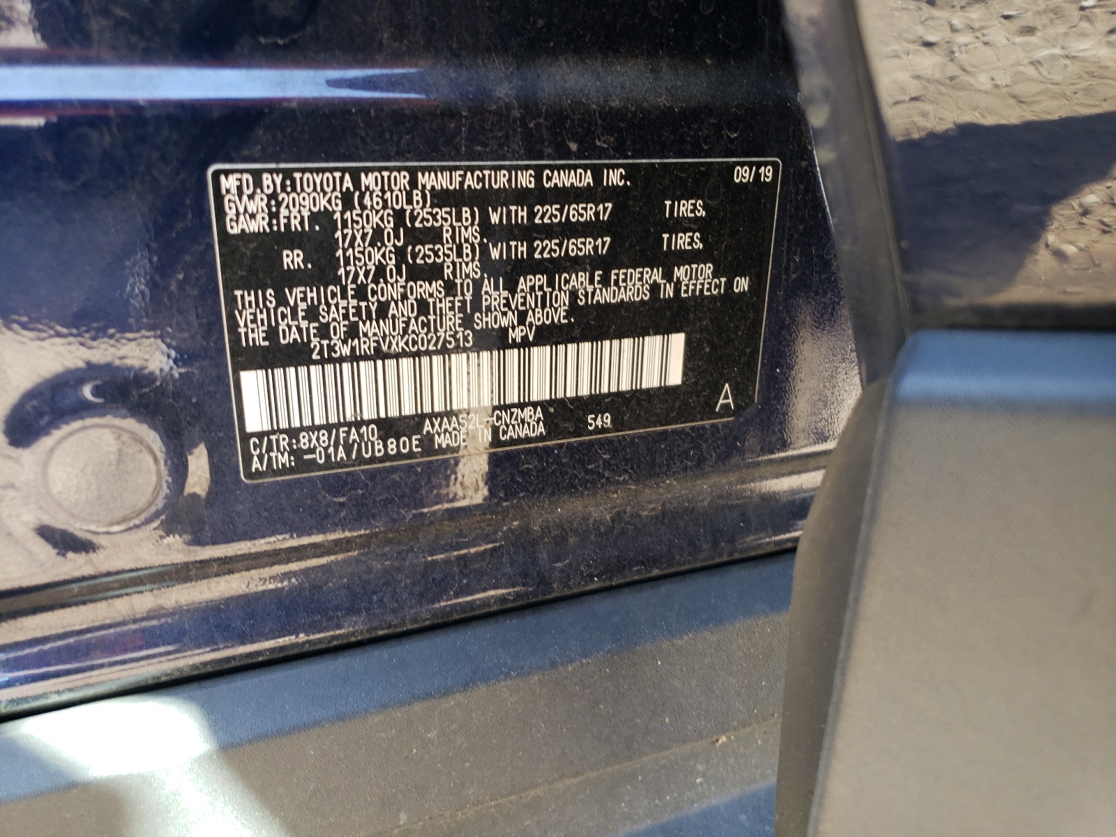 2T3W1RFVXKC027513 2019 Toyota Rav4 Xle