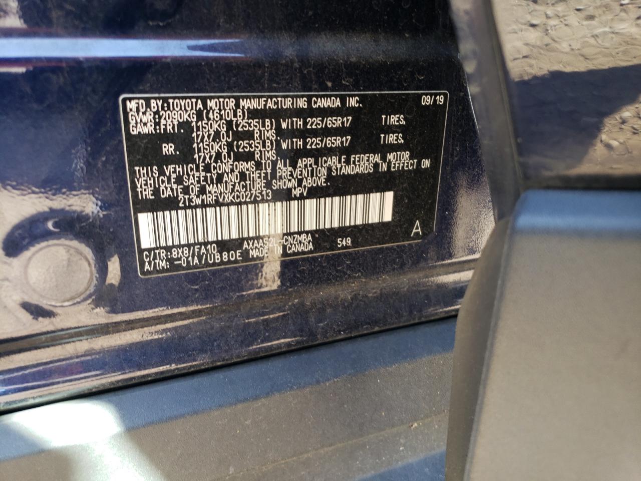 2019 Toyota Rav4 Xle VIN: 2T3W1RFVXKC027513 Lot: 64801384