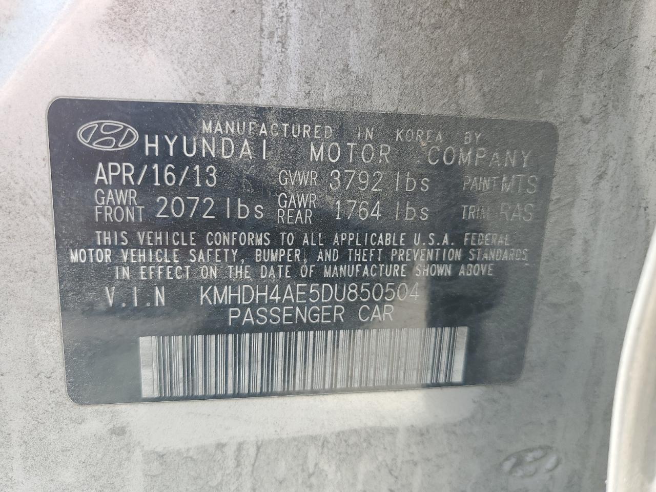 2013 Hyundai Elantra Gls VIN: KMHDH4AE5DU850504 Lot: 63462354