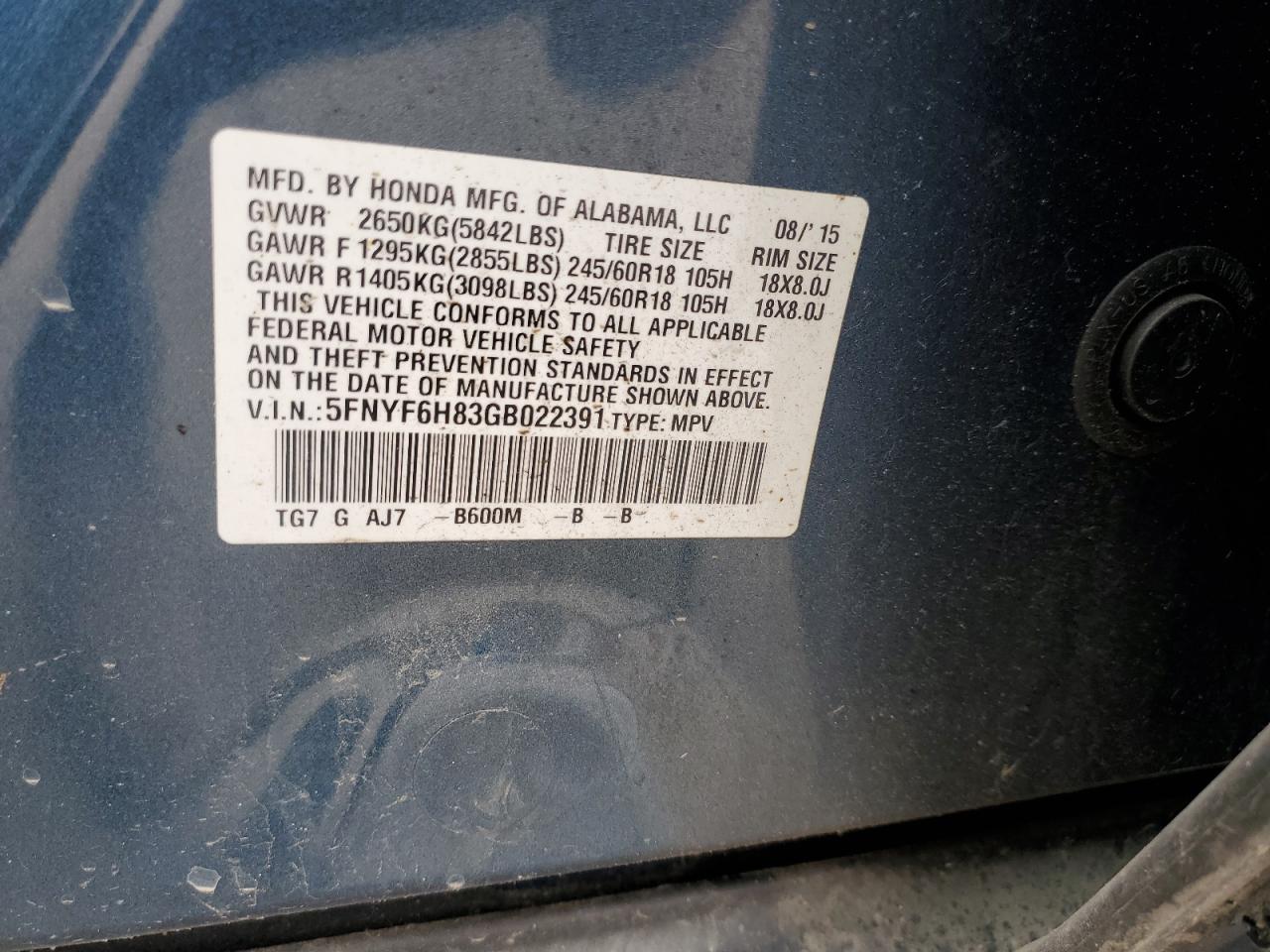 2016 Honda Pilot Exl VIN: 5FNYF6H83GB022391 Lot: 63972024