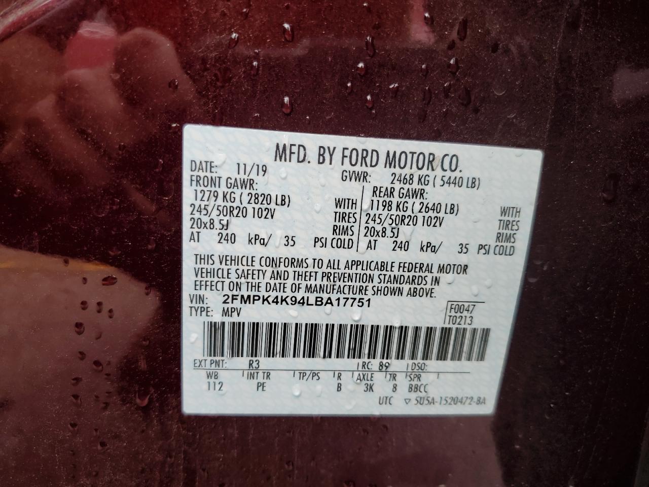 2020 Ford Edge Titanium VIN: 2FMPK4K94LBA17751 Lot: 65276104