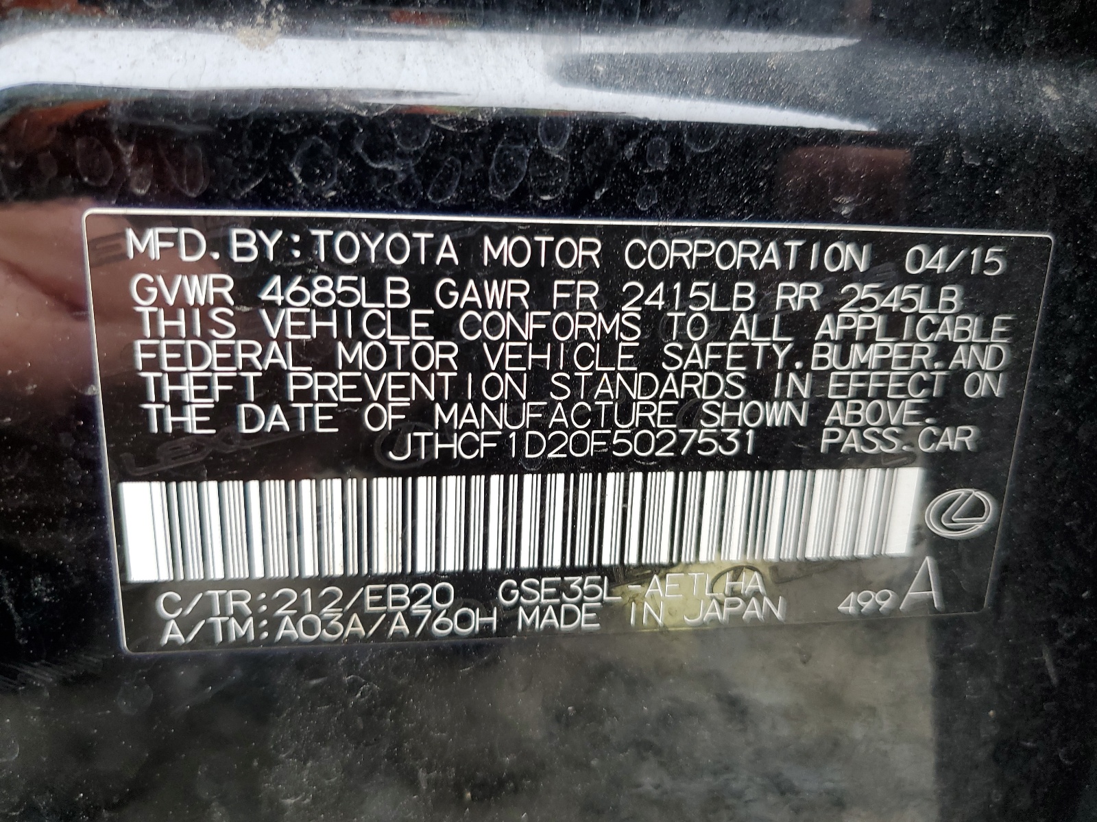 JTHCF1D20F5027531 2015 Lexus Is 250