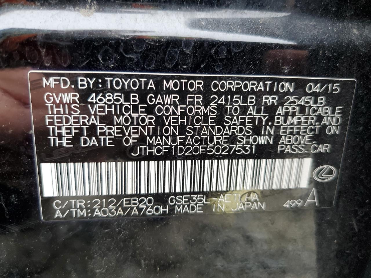 2015 Lexus Is 250 VIN: JTHCF1D20F5027531 Lot: 62328774