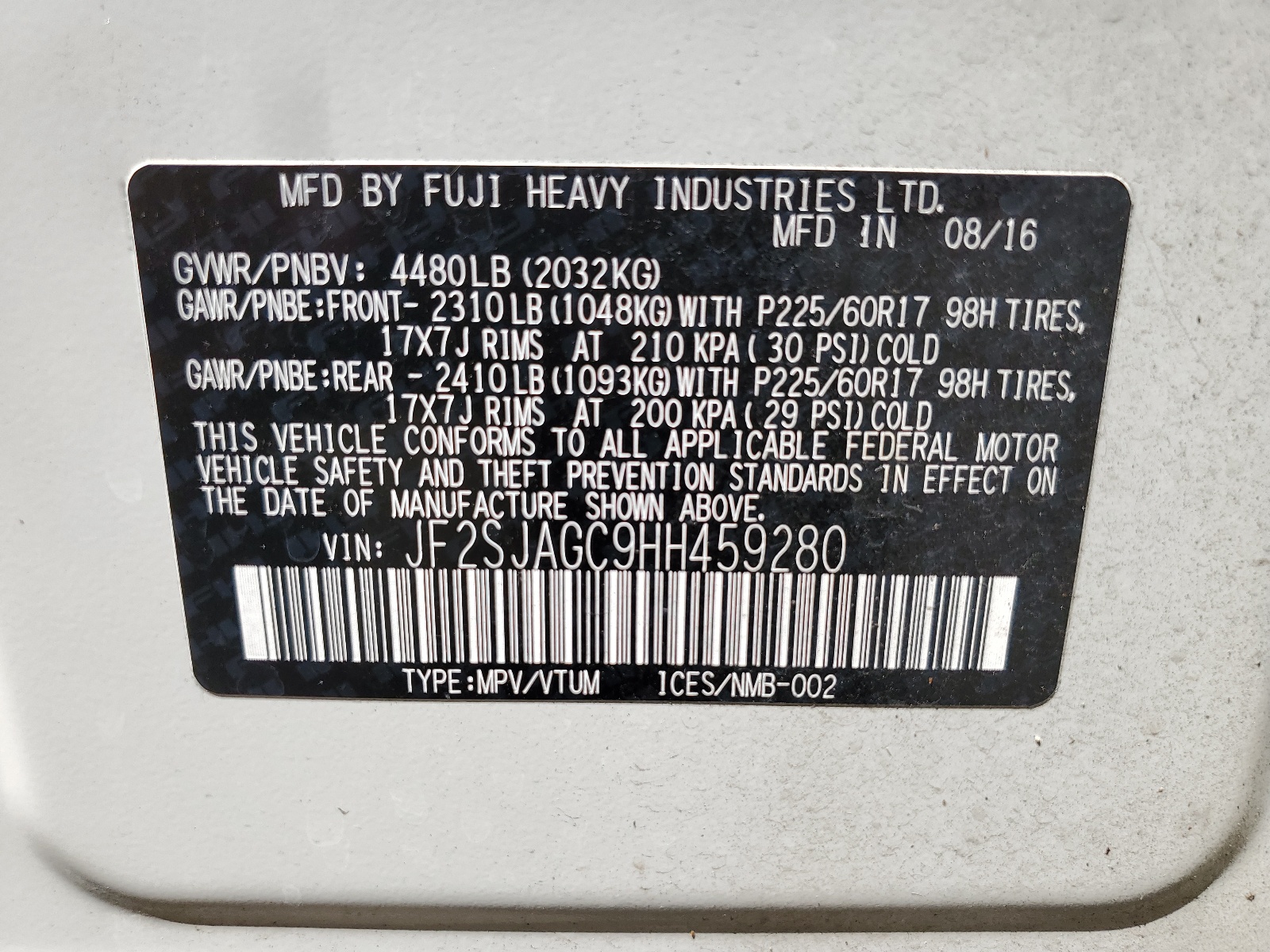 JF2SJAGC9HH459280 2017 Subaru Forester 2.5I Premium