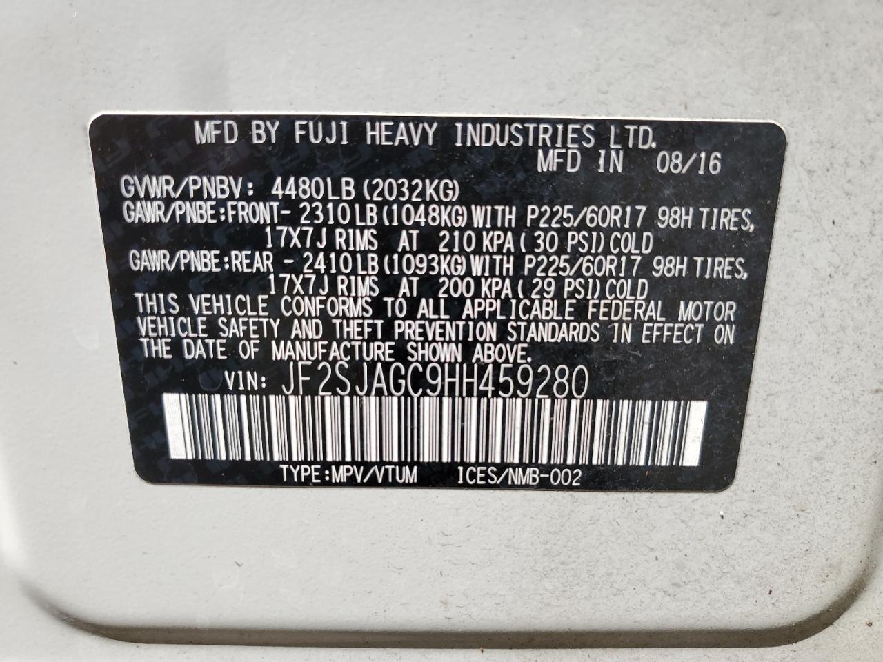 2017 Subaru Forester 2.5I Premium VIN: JF2SJAGC9HH459280 Lot: 64038154