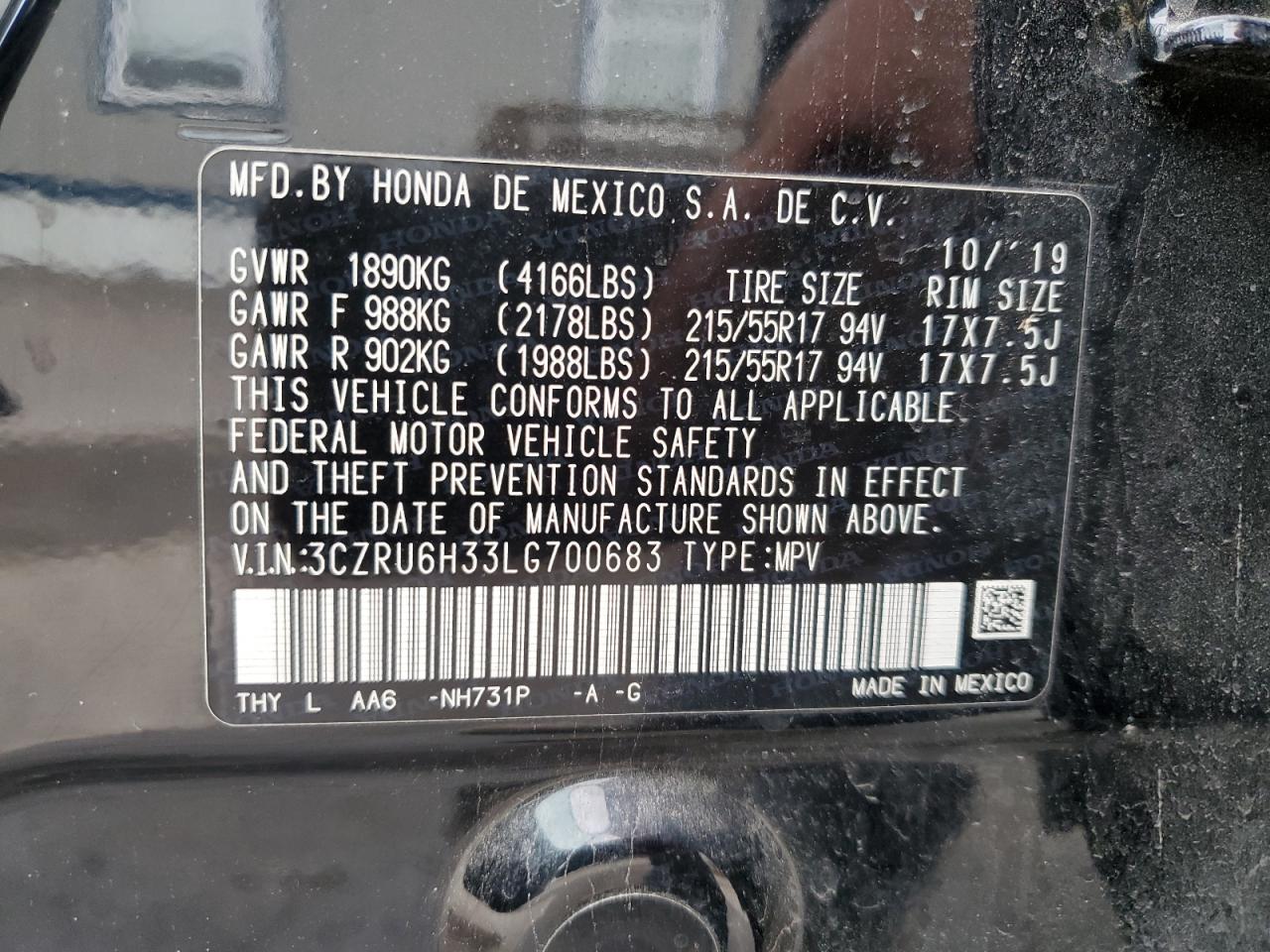 2020 Honda Hr-V Lx VIN: 3CZRU6H33LG700683 Lot: 64243474