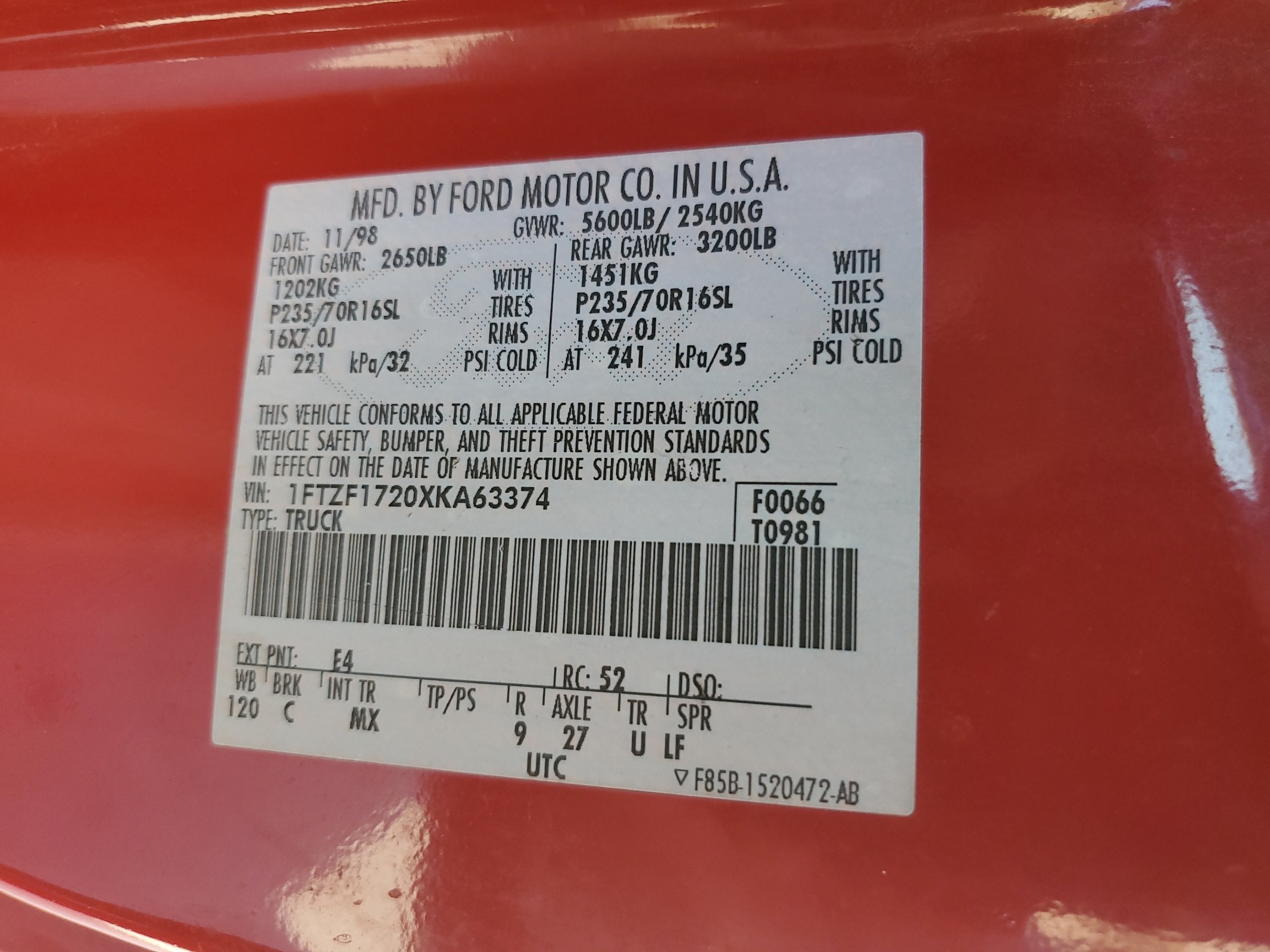 1FTZF1720XKA63374 1999 Ford F150