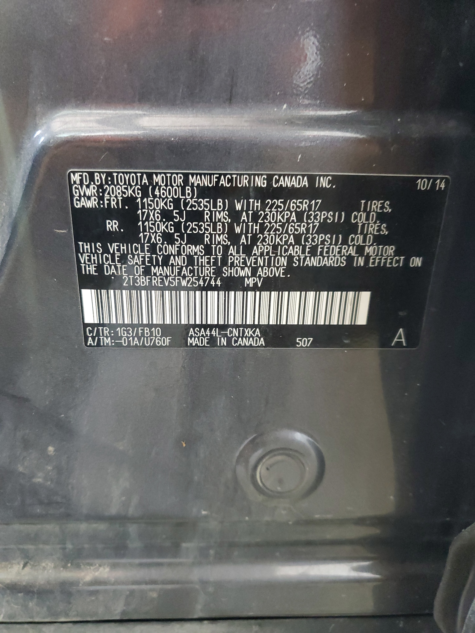 2T3BFREV5FW254744 2015 Toyota Rav4 Le