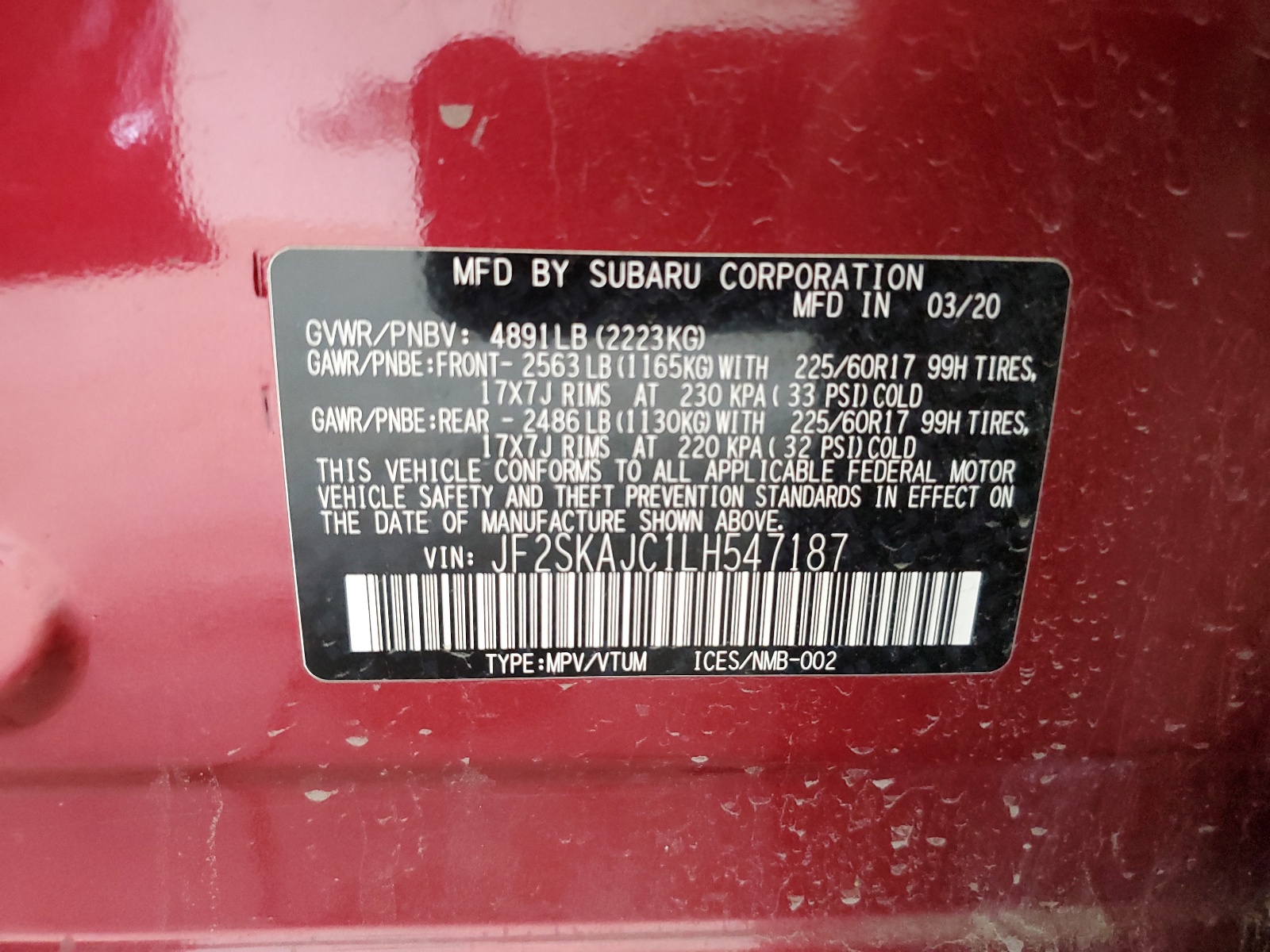 JF2SKAJC1LH547187 2020 Subaru Forester Premium