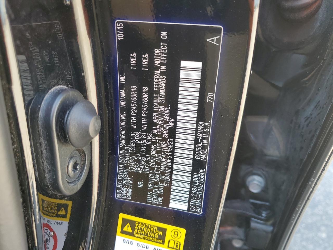 2015 Toyota Highlander Xle VIN: 5TDKKRFH0FS115823 Lot: 63484844