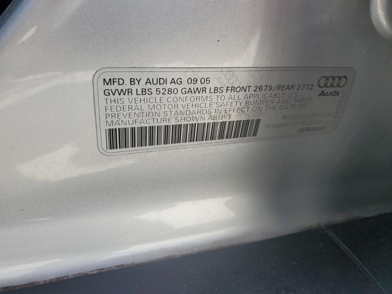 2006 Audi A6 3.2 Quattro VIN: WAUDH74F26N078953 Lot: 63421454