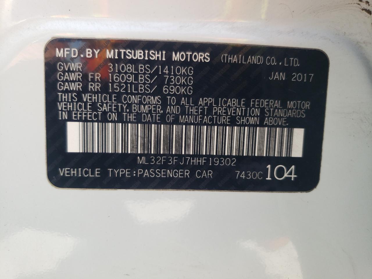 2017 Mitsubishi Mirage G4 Es VIN: ML32F3FJ7HHF19302 Lot: 65426144