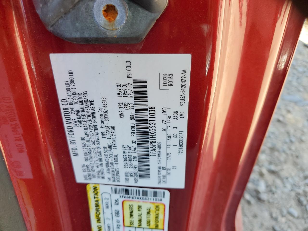 2016 Ford Mustang VIN: 1FA6P8THXG5311038 Lot: 62288244