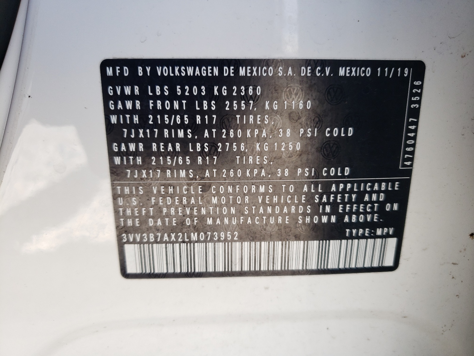 3VV3B7AX2LM073952 2020 Volkswagen Tiguan Se