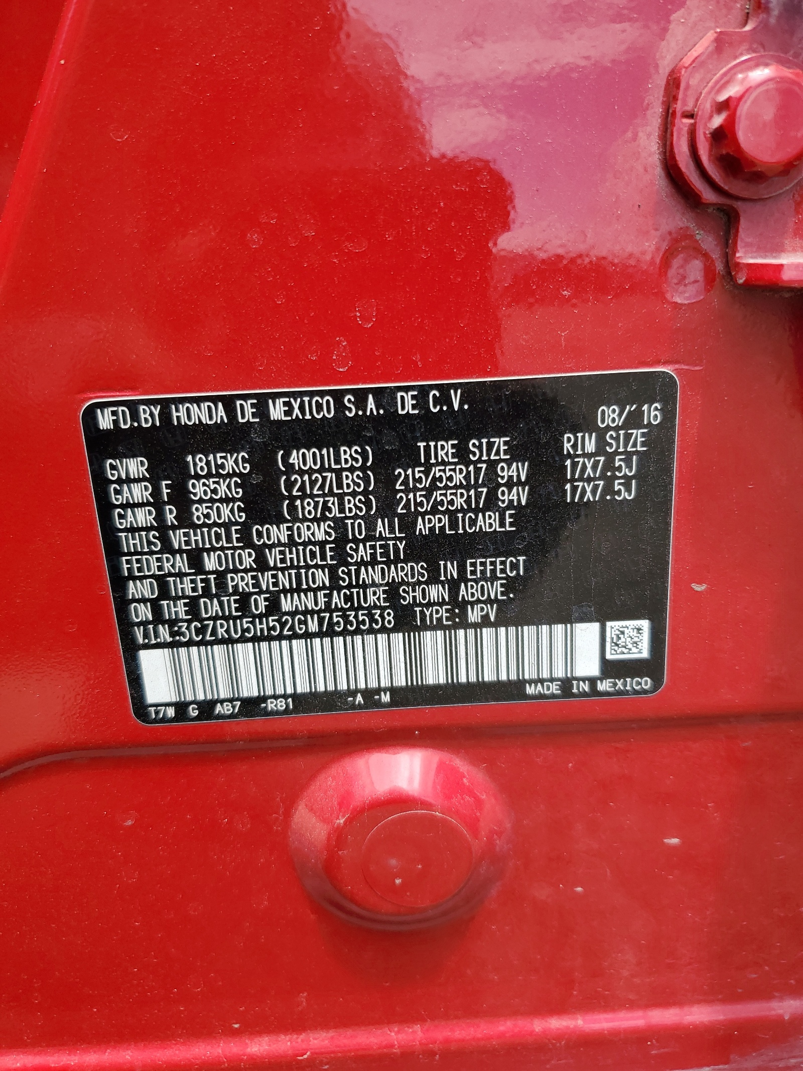 3CZRU5H52GM753538 2016 Honda Hr-V Ex