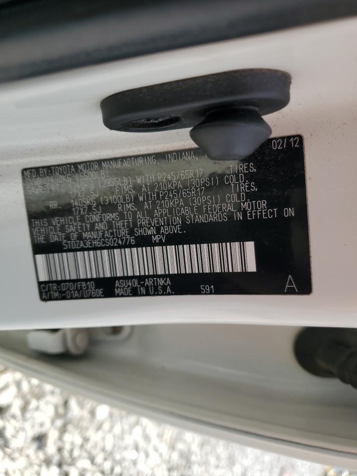 2012 Toyota Highlander Base VIN: 5TDZA3EH6CS024776 Lot: 62294994