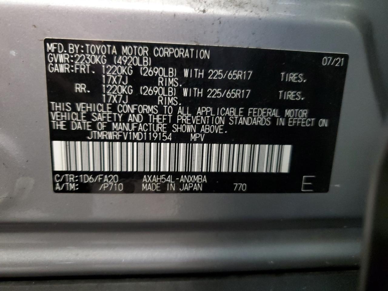 2021 Toyota Rav4 Xle VIN: JTMRWRFV1MD119154 Lot: 63452234