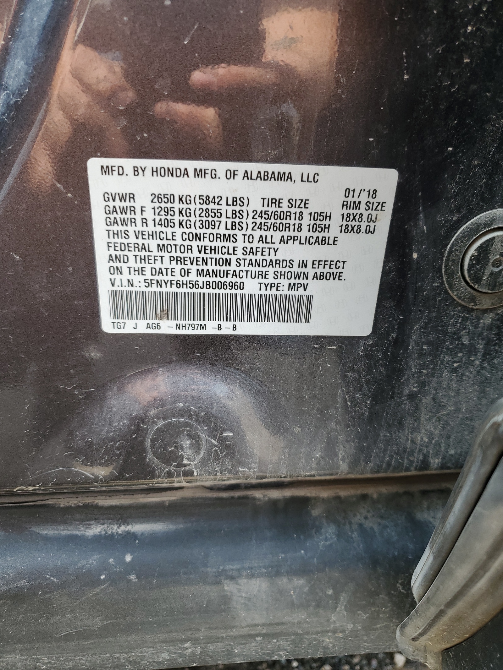 5FNYF6H56JB006960 2018 Honda Pilot Exl