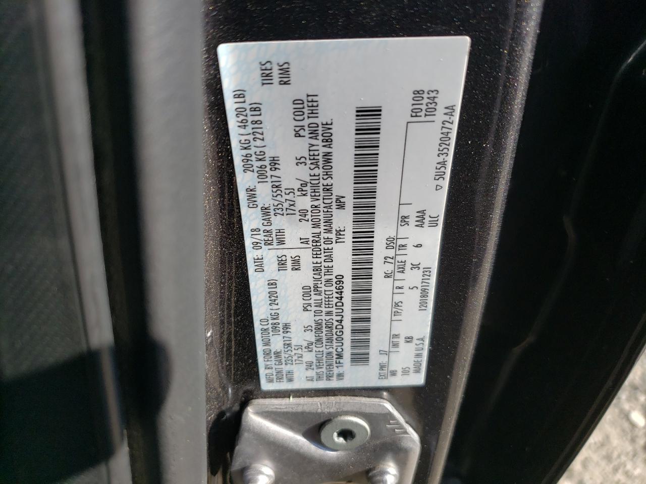 2018 Ford Escape Se VIN: 1FMCU0GD4JUD44690 Lot: 64323984