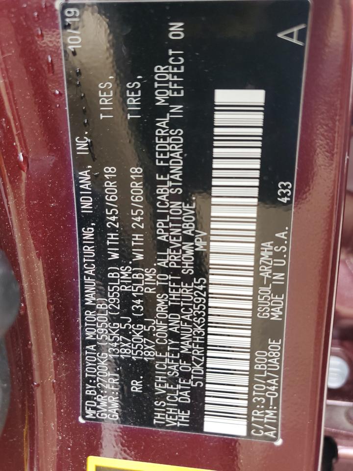 2019 Toyota Highlander Se VIN: 5TDKZRFH3KS359245 Lot: 64803374