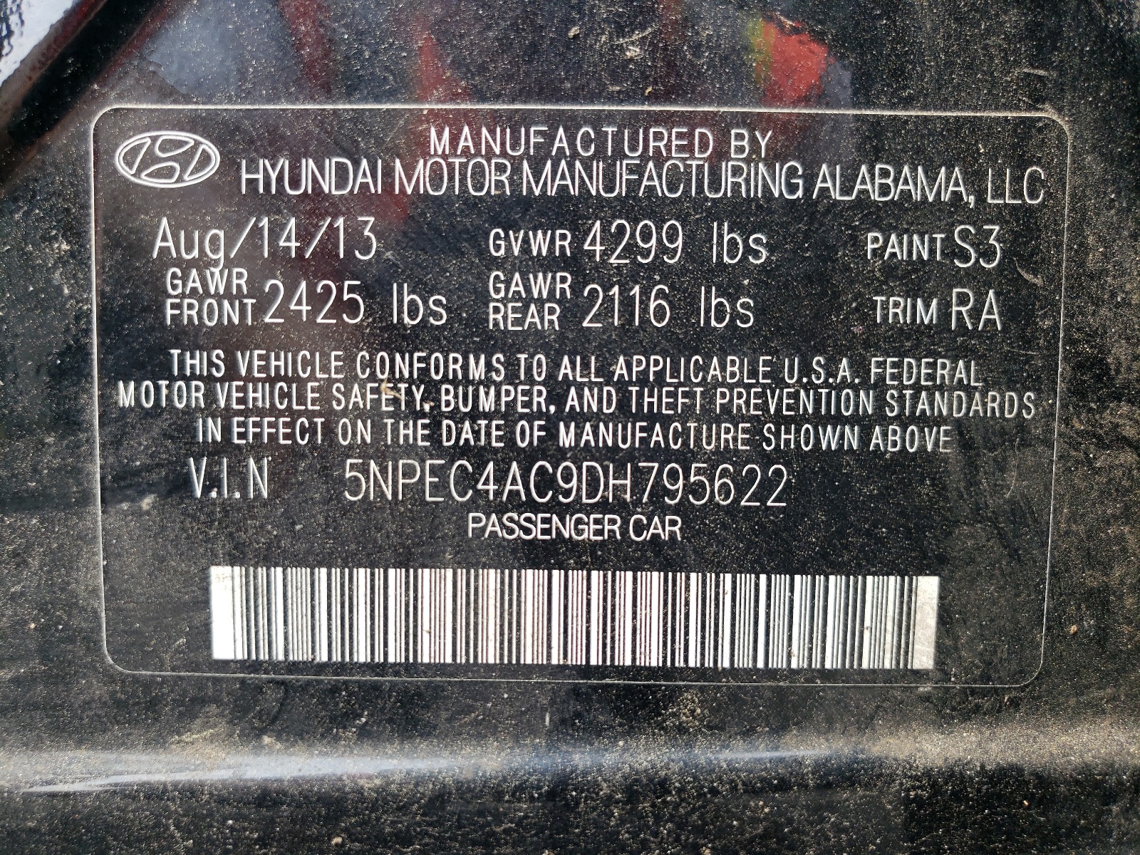 5NPEC4AC9DH795622 2013 Hyundai Sonata Se