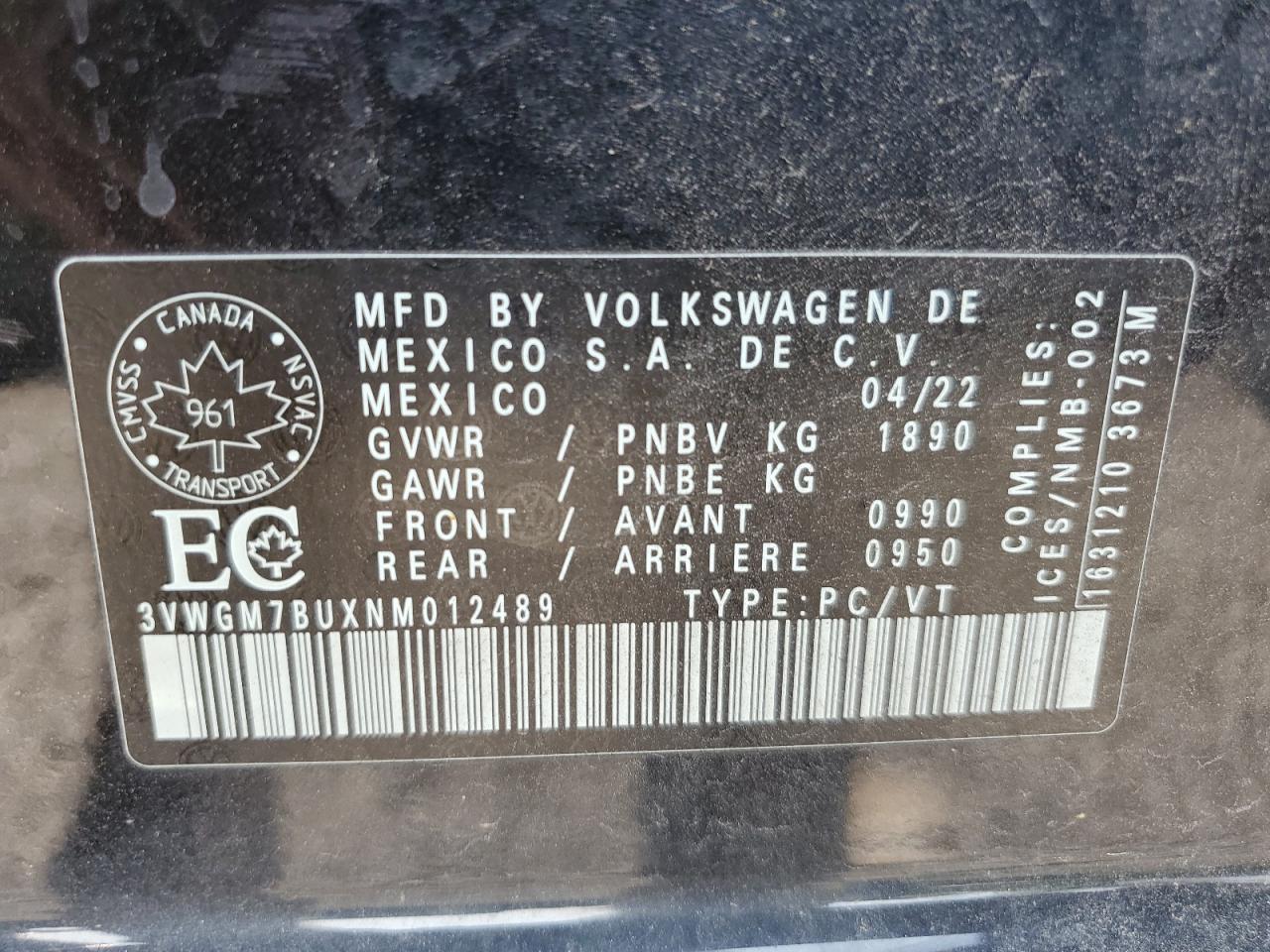 3VWGM7BUXNM012489 2022 Volkswagen Jetta Sel