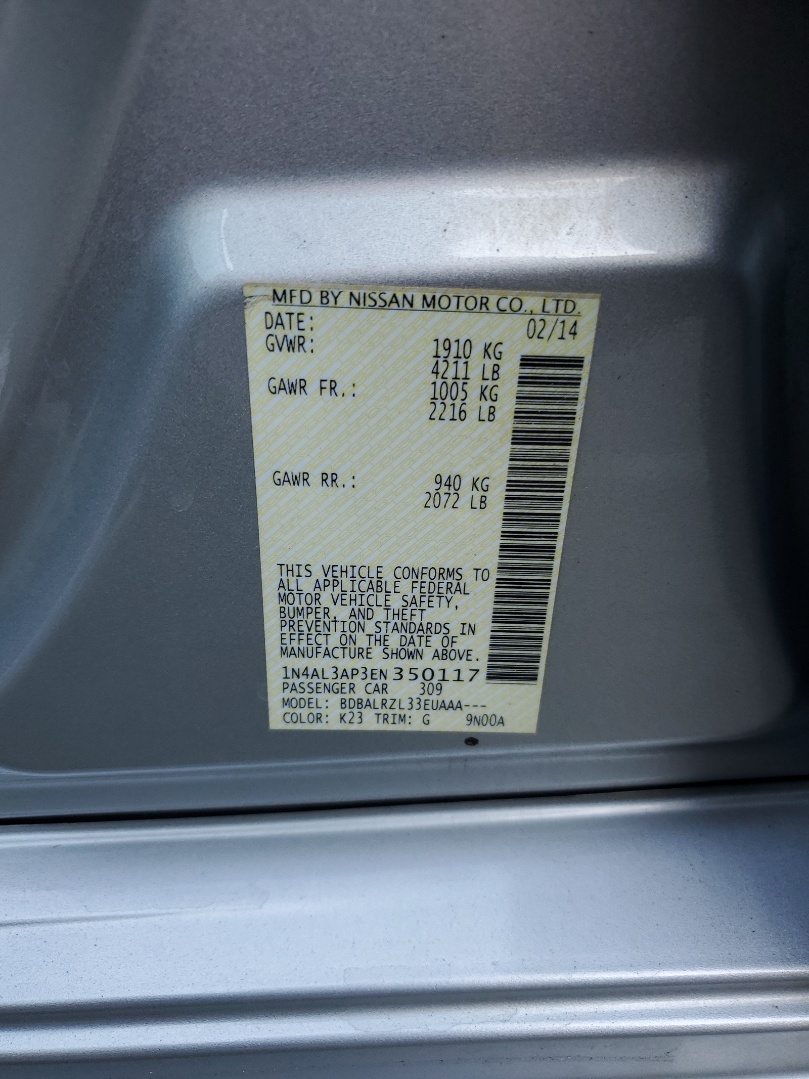 2014 Nissan Altima 2.5 vin: 1N4AL3AP3EN350117