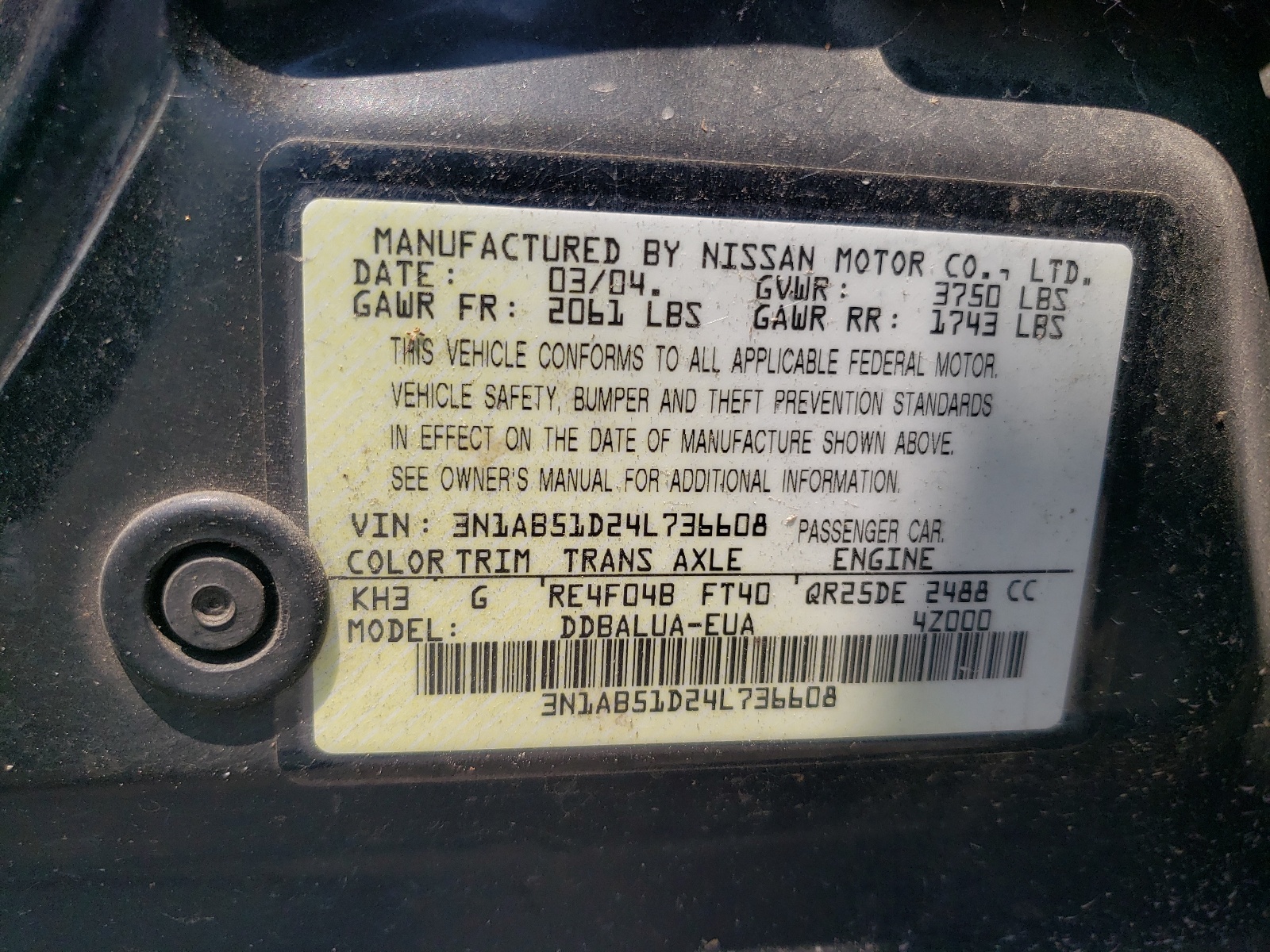 3N1AB51D24L736608 2004 Nissan Sentra Se-R Spec V