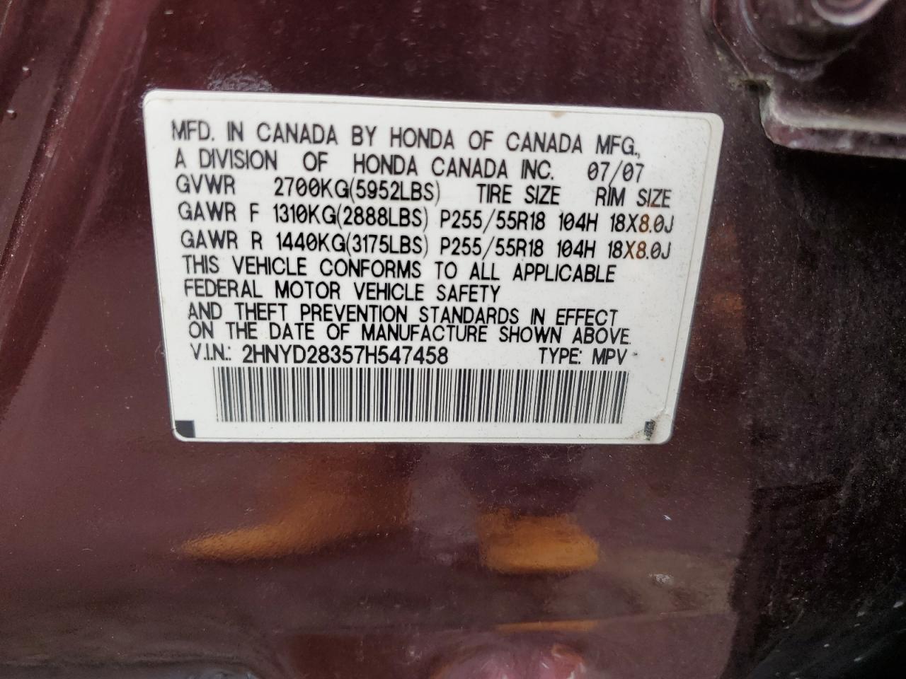 2007 Acura Mdx Technology VIN: 2HNYD28357H547458 Lot: 64666314