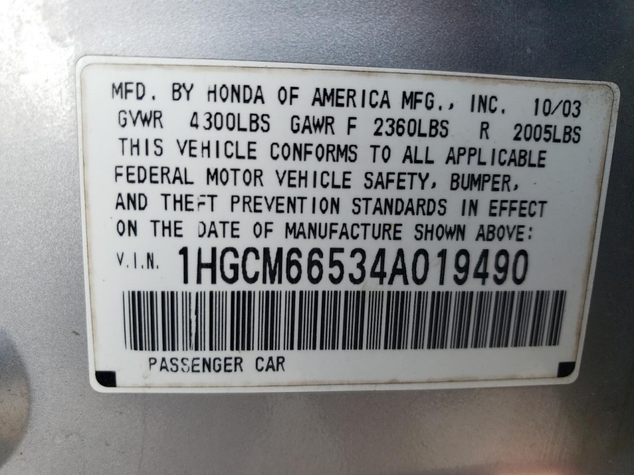 2004 Honda Accord Ex VIN: 1HGCM66534A019490 Lot: 62837474