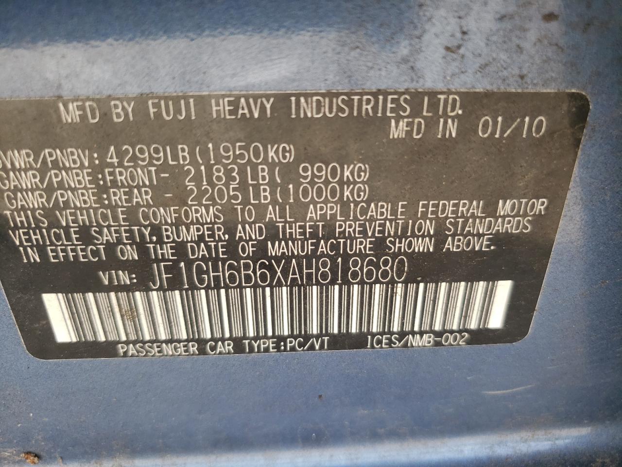 2010 Subaru Impreza 2.5I Premium VIN: JF1GH6B6XAH818680 Lot: 65351484