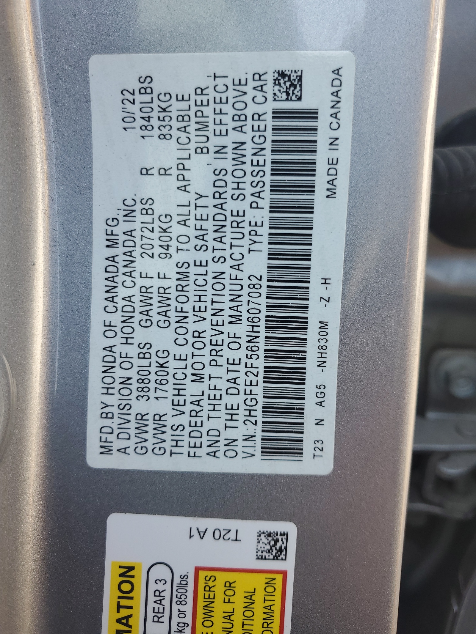 2HGFE2F56NH607082 2022 Honda Civic Sport