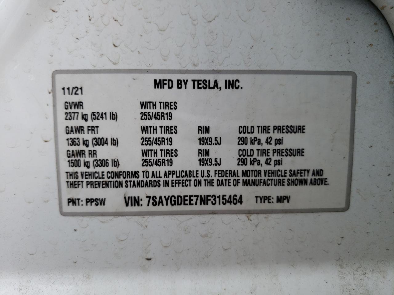 7SAYGDEE7NF315464 2022 Tesla Model Y