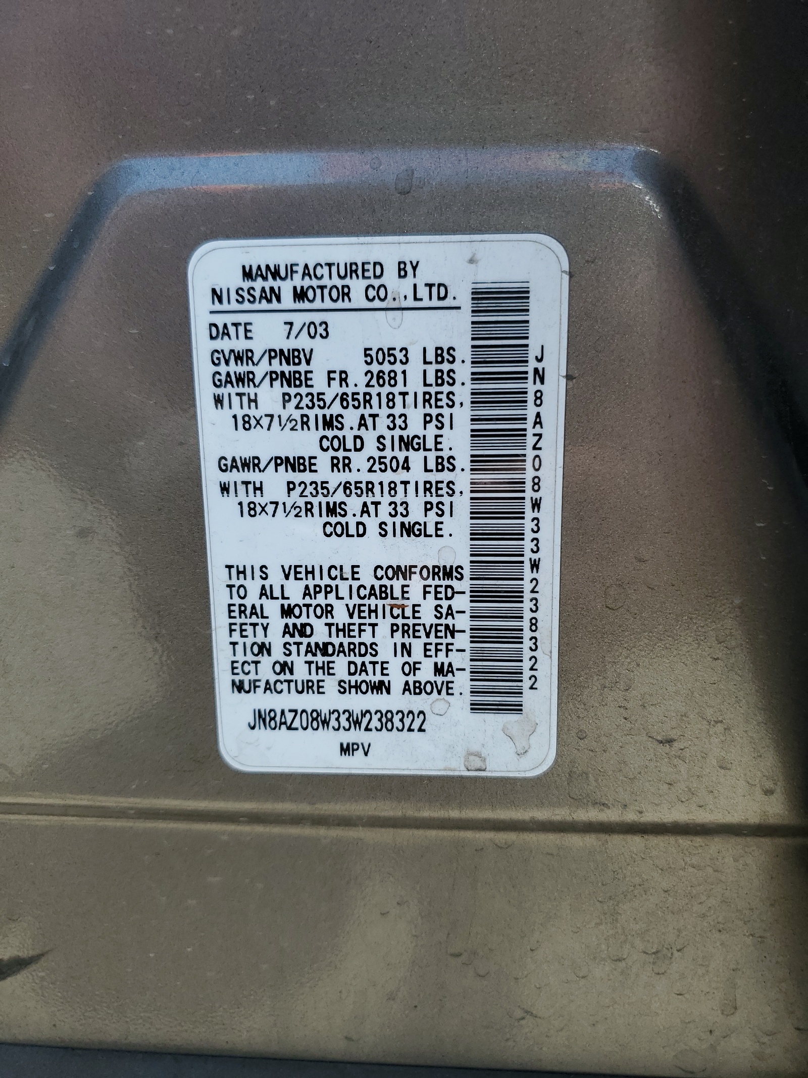 JN8AZ08W33W238322 2003 Nissan Murano Sl