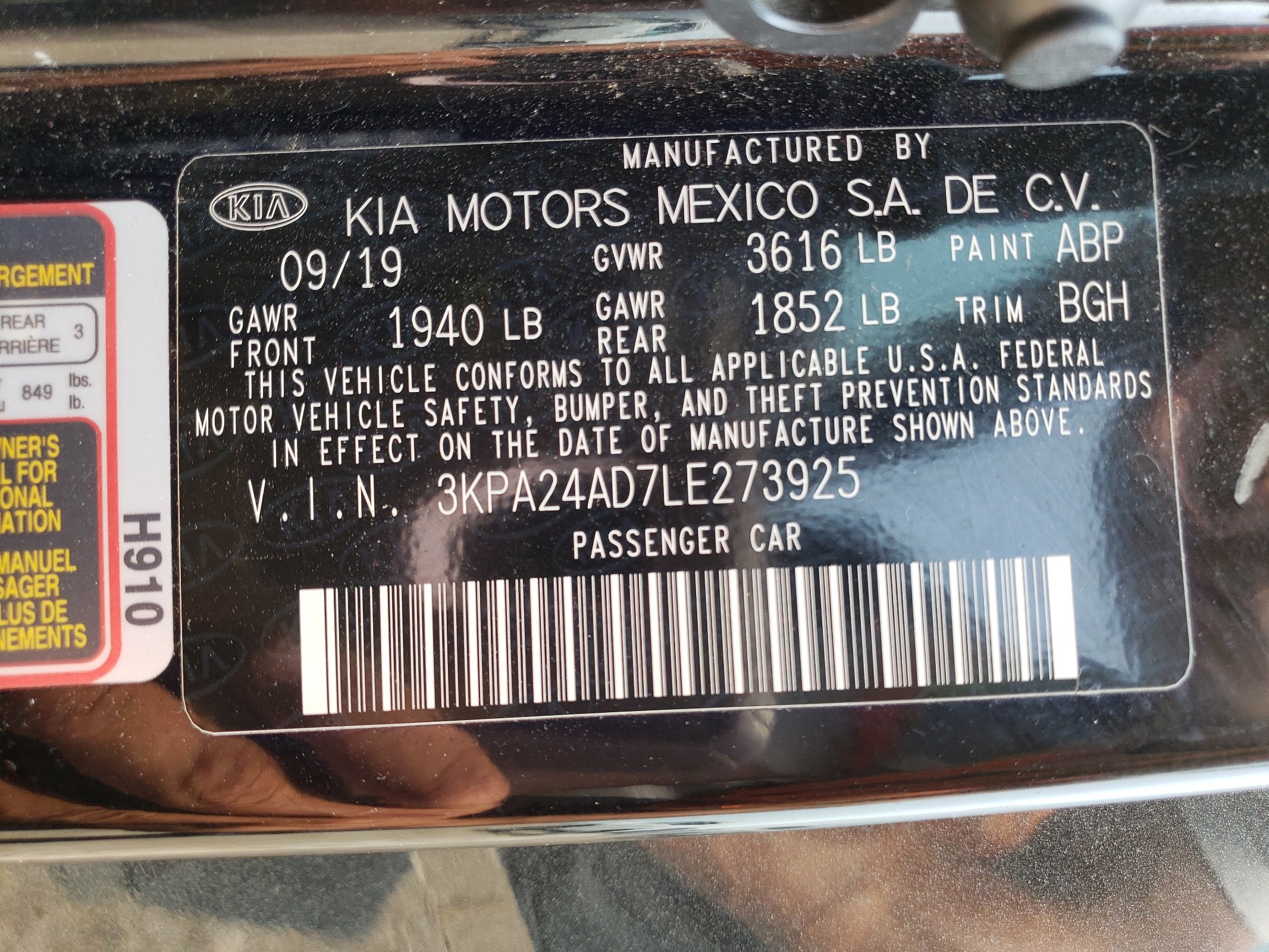 3KPA24AD7LE273925 2020 Kia Rio Lx
